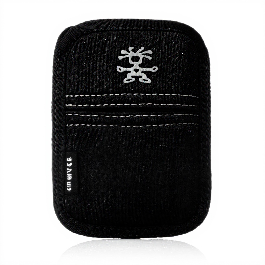 Étui Crumpler Giordano Special 30 Noir Nickel posé à côté d'un appareil photo compact sur une table en bois